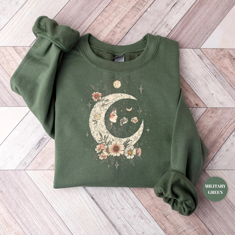 Mystisches florales Mondphasen-Sweatshirt, Boho-Sonne- und Mondgesicht, süßer spiritueller Pullover, Unisex, Y2K, lässiges Sweatshirt, Streetwear