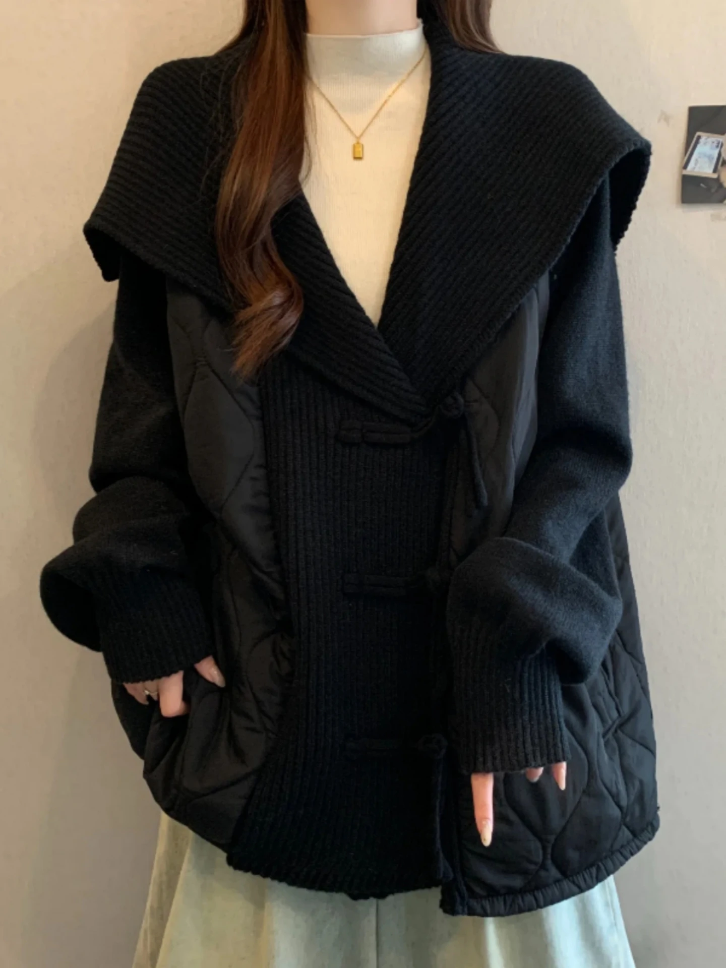 Loose Knitted Sweater with Collar Splicing Design for Women Winter New Style plus Size Comfortable Lazy Style Top Cotton Filling