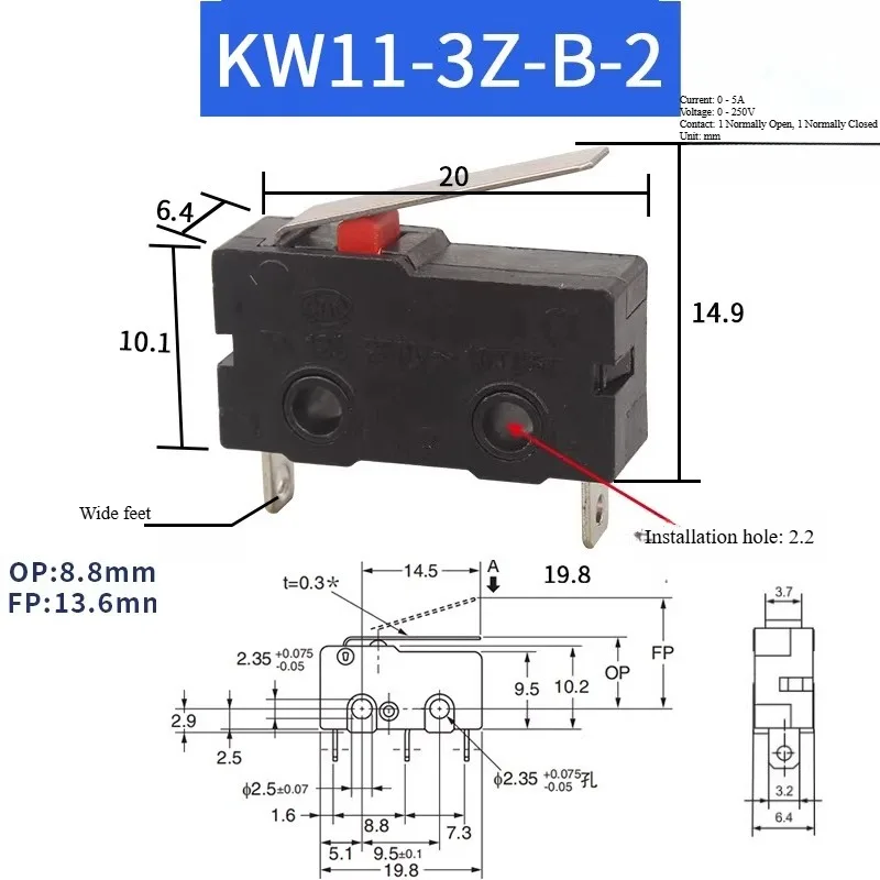 10PCS KW11 Micro Switch 2/3Pin NO/NC Mini Limit Switch Mechanical Travel 5A 250VAC Roller Arc Lever Snap Action Push Switches