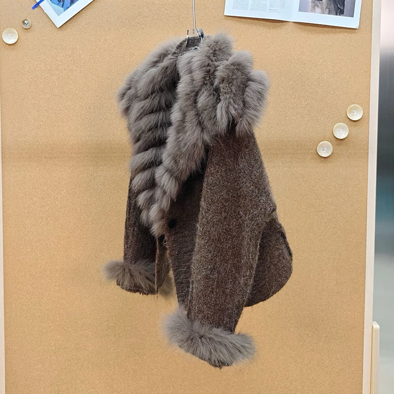 New Arrival Women Winter Coffee Big Real Fox Fur Collar Sweater Coat Lady's Spring Thick Sweater Knitted Button Coat