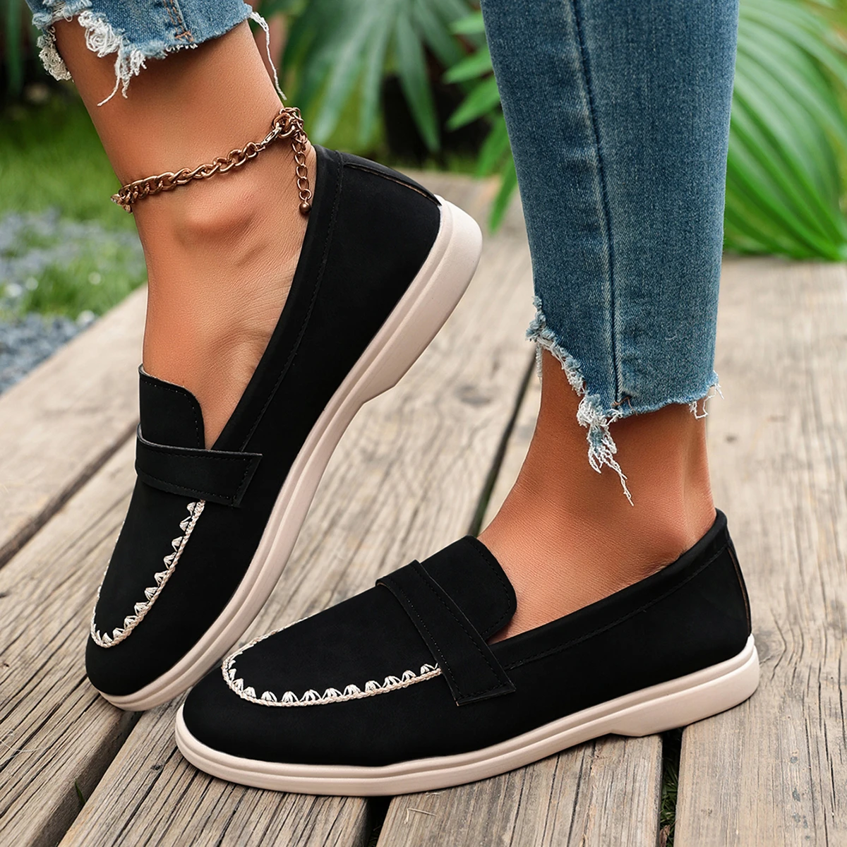 Spring Autumn Women Suede Loafers Shoes Round Toe Stitch Trim Platform Thick Sole Slip on Non-Slip Casual Comfortable Shoes