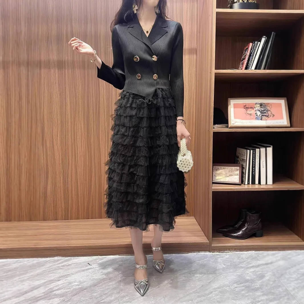 

Miyake 2025 New Design Sense Cake Mesh Suit Collar Dress Temperament High-end Women Clothing High Waist Big Swing Princess Style