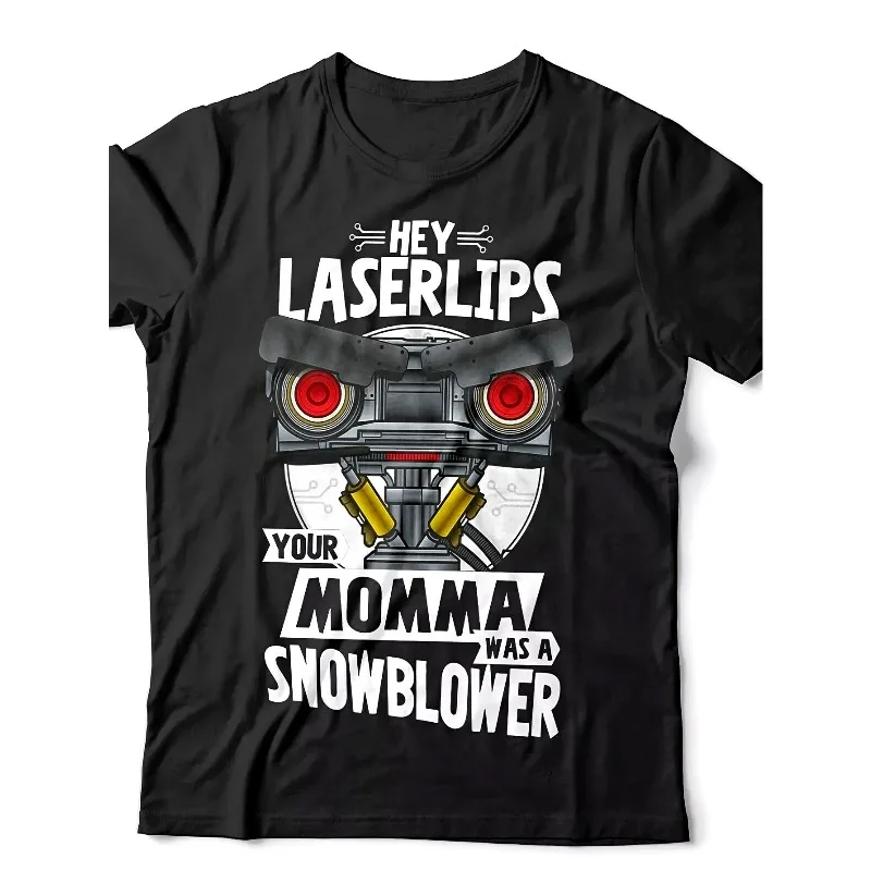 Men's Fun Hey Laser Lips with Young Robot Pattern T-shirt Your Mom is a snow blowing slogan loose round neck T-shirt