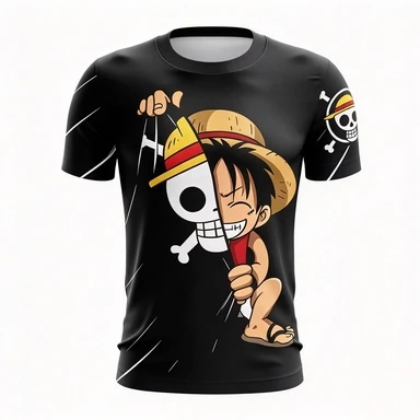 One Piece Q-version Luffy Creative Short Sleeve Fun Splicing Printed Pirate Skull Anime Casual Street Wear Trendy Top