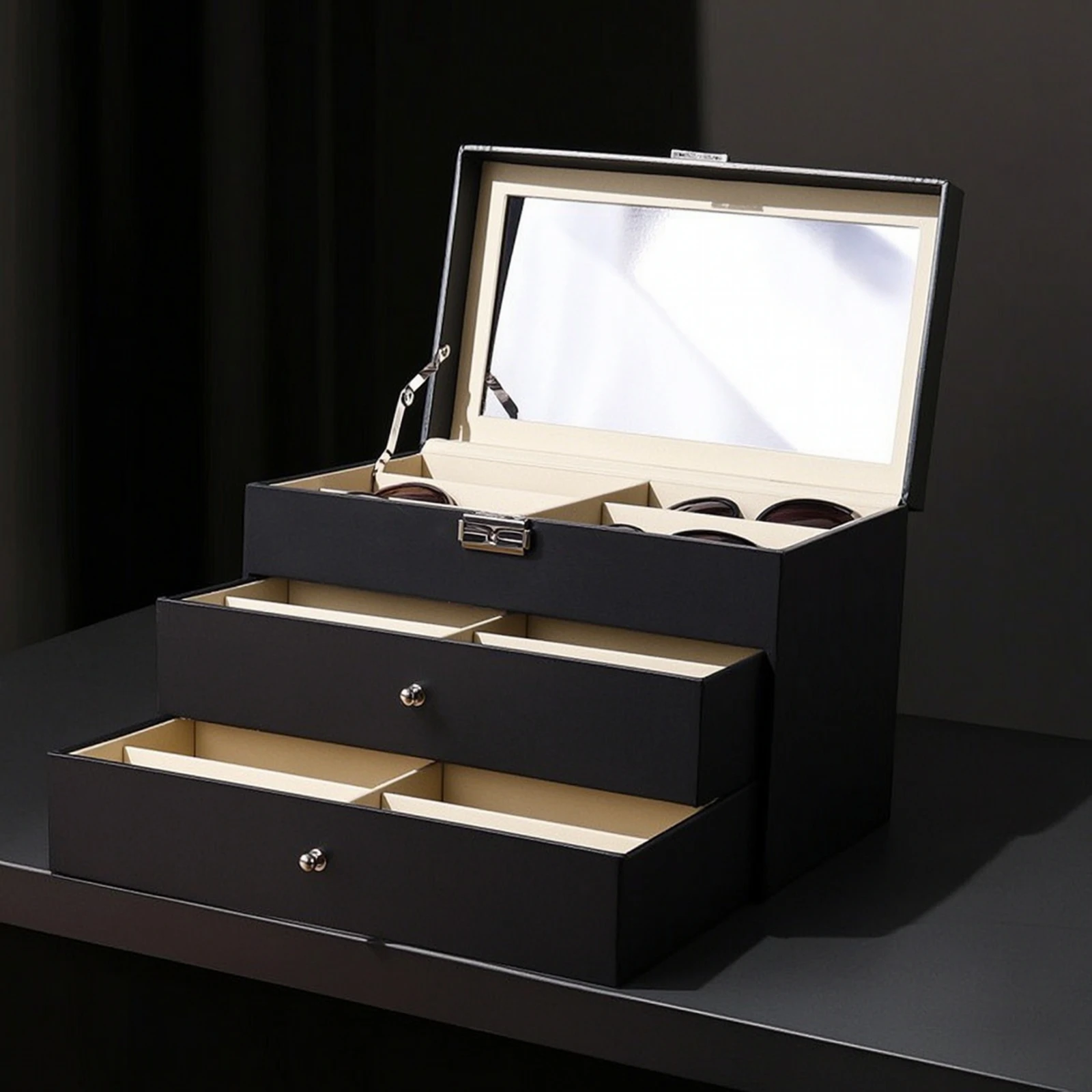 Eyeglasses Box with Mirror Hard-Shell Sunglasses Organizer Sunglass Display Case Transparent Eyewear Display Case Divided
