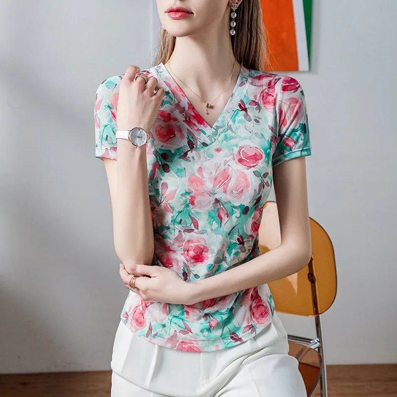 Boweylun New Printed V-Neck Floral Fashion T-Shirt Women Breathable Folded Slim Short Sleeve Female