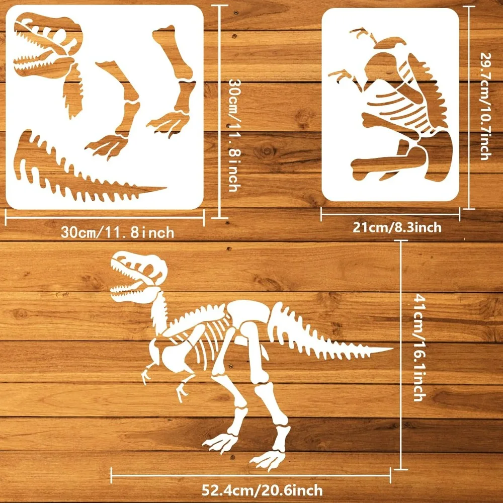 2 Pcs Dinosaur Skeleton Stencil 8.3x11.7inch & 11.8x11.8 inch Combination Large Size Stencil Plastic Dinosaur Fossil Patterns