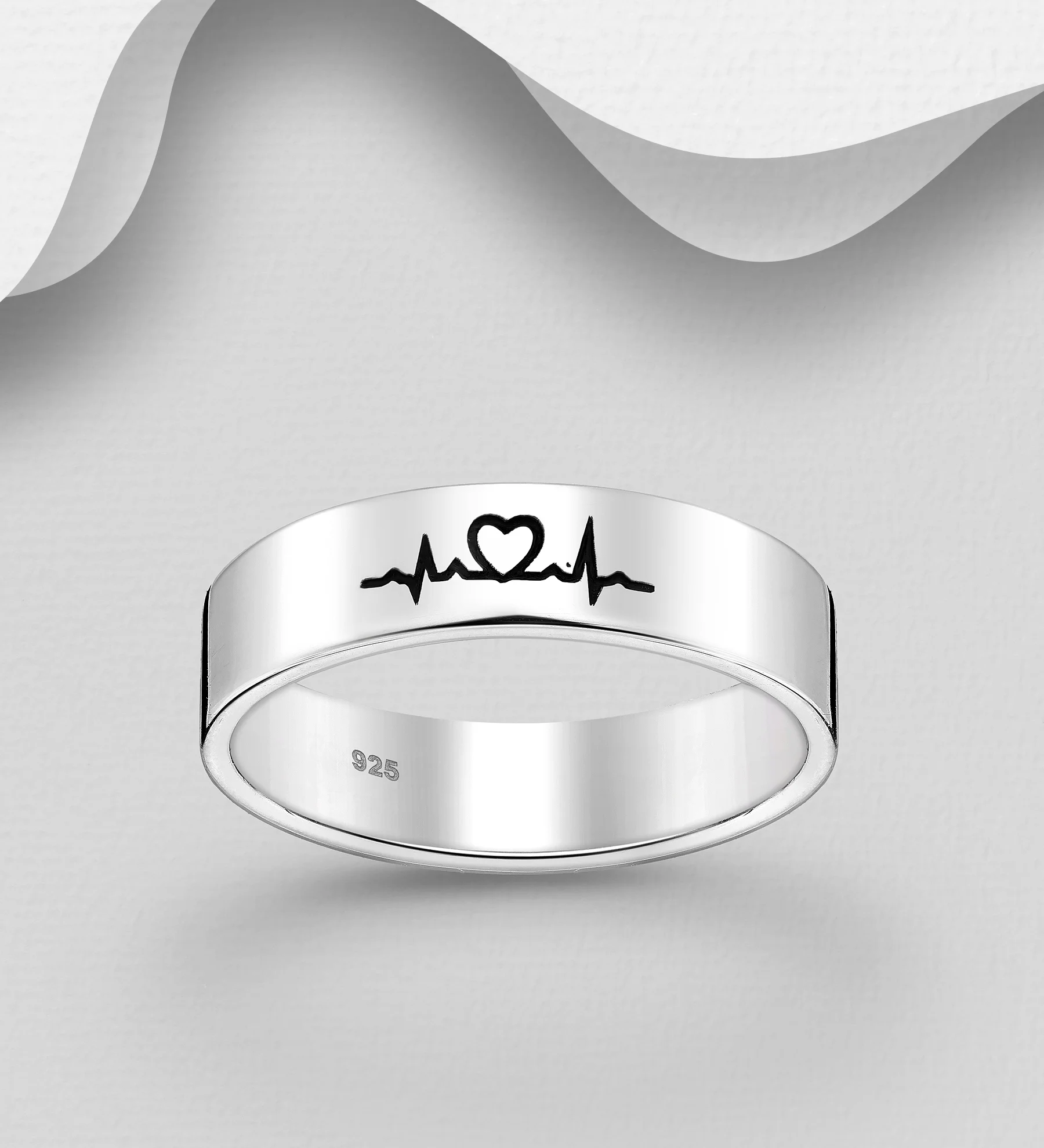 

925 Sterling Silver Oxidized Heartbeat Ring 5mm Wide Engagement Ring Beating Heart Custom Name Enamel Ring Gifts for Girlfriend