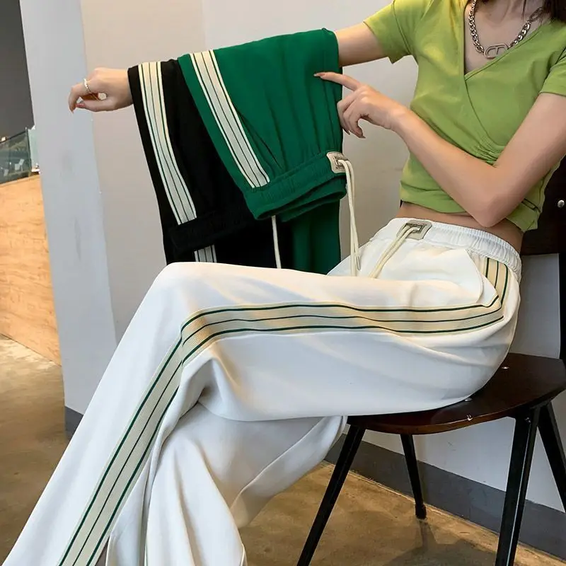 Women Clothes Summer Trendy Side Striped Harajuku Streetwear Y2K Wide Leg Pants Female High Waist Straight Trousers Pantalones