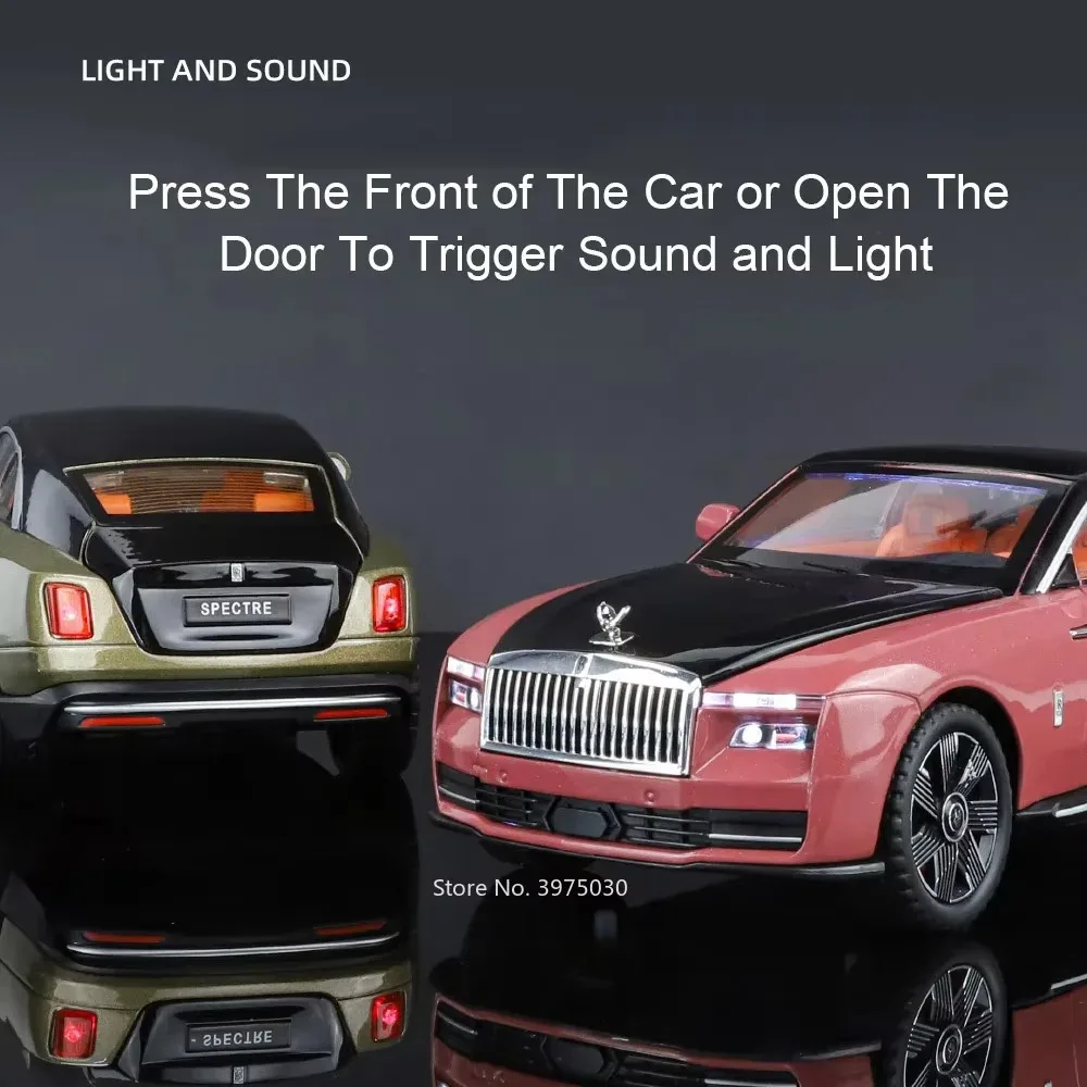 รถของเล่นจำลอง Rolls-Royce Phantom Spectre อัลลอยด์ ขนาด 1:24 ประตูเปิดได้ ดึงหลังวิ่งได้ มีเสียงและไฟ ของสะสมสำหรับเด็ก