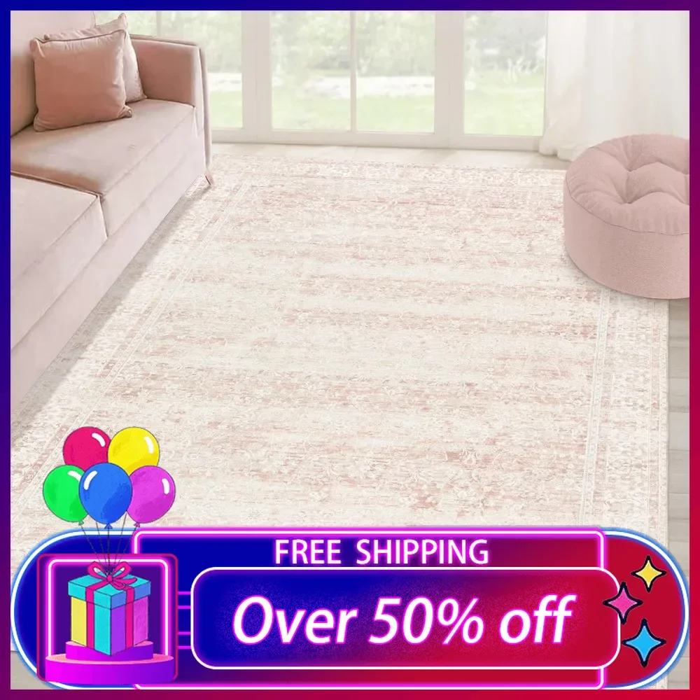 

Light Pink Bedroom Rugs 6x9 Aesthetic Cute Boho Floral Feminine Soft Faux Wool Machine Washable Carpet Area Rugs for Office