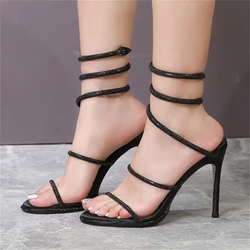 Aneikeh Fashion Summer Snake Twine Around Crystal Women Gladiator Sandals Luxury Rhinestones Thin High Heels Party Prom Shoes
