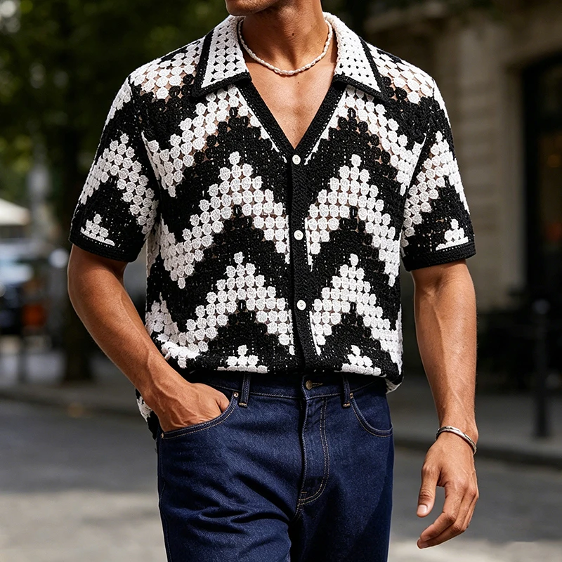 Seaside Beach Casual Mens Knit Shirts 2026 Summer Fashion Striped Crochet Knitting Shirt Men Vintage Short Sleeve Cardigan Tops