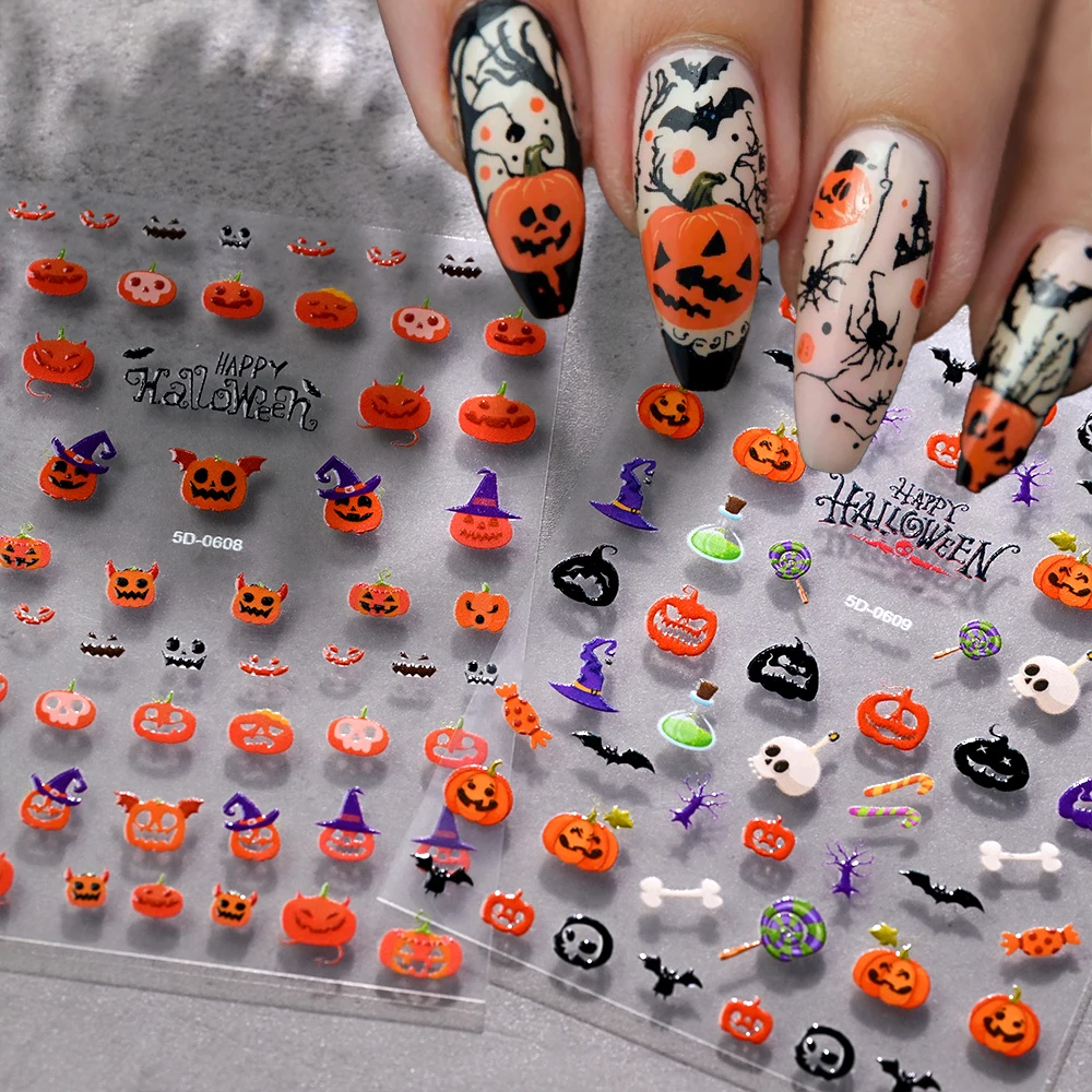 

5D Halloween Spooky Pumpkin Bat Nail Sticker Blood Red Skull Hand Evil Eyeball Nail Decals Multi-elements Halloween Nail Slider#