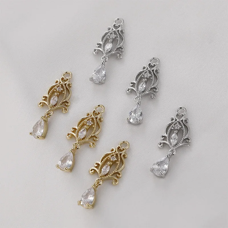 14k Gold Color-preserving Hollow Retro Pattern Water Drop Zircon Pendant DIY Bracelet Necklace Ear Jewelry Pendant Accessories