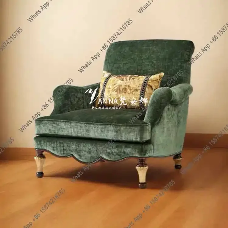 X25 American Fabric Solid Wood Single Sofa Chair English Vintage Lounge Chair Neoclassical High Back Tiger Chair Bedroom Sofa