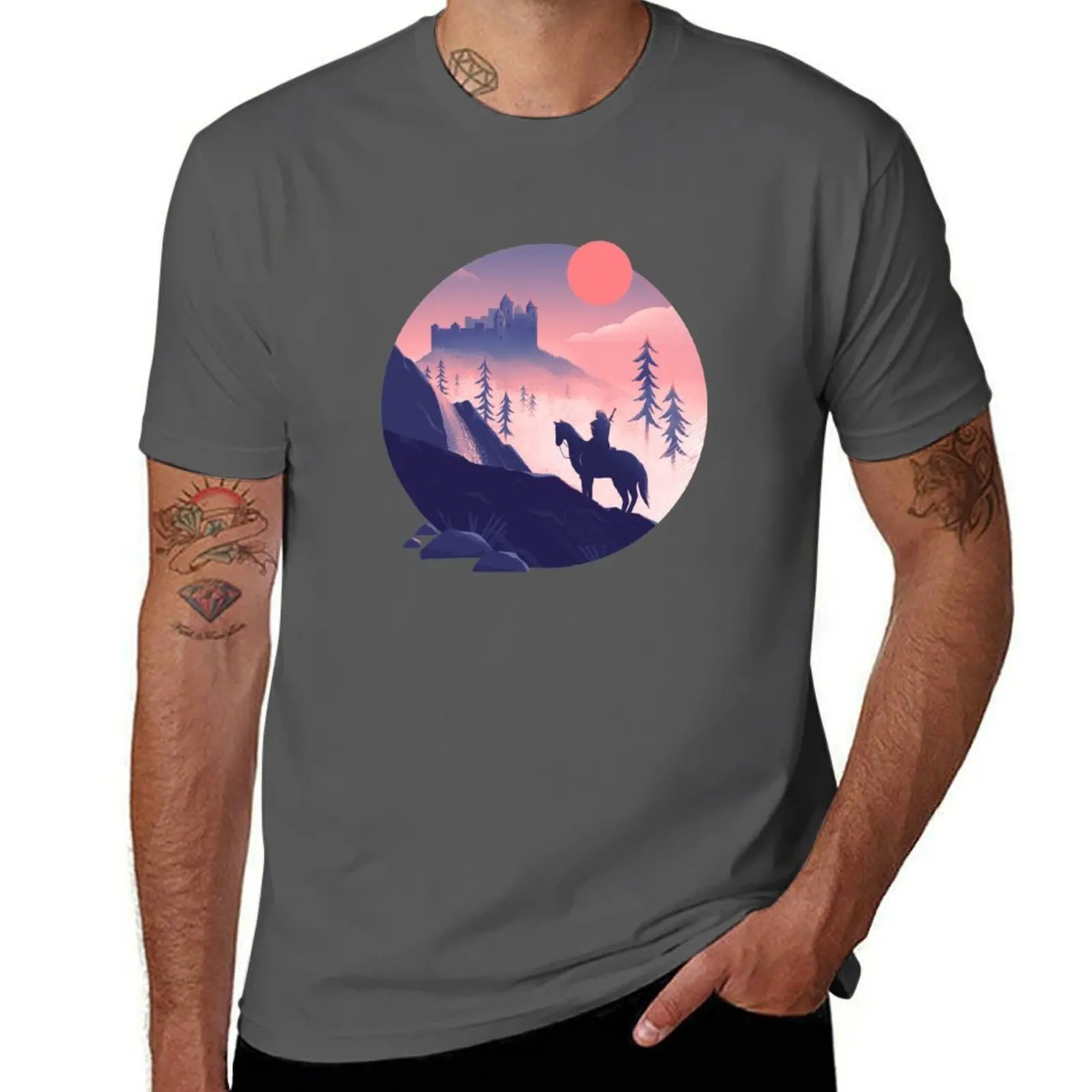 

on Geralt's ride a sunset T-Shirt Basic Solid Tee for Daily Use