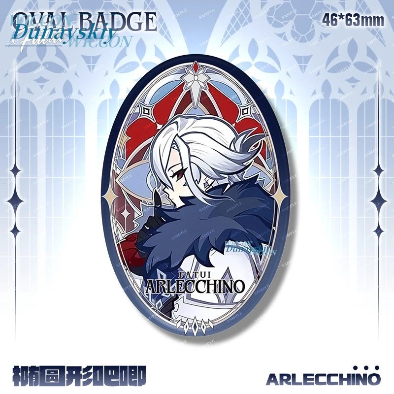 Genshin Impact Fatui Series Tartaglia Dottore Arlecchino Wanderer Merchandise Oval Double Flash Badge Pins Cosplay Accessories