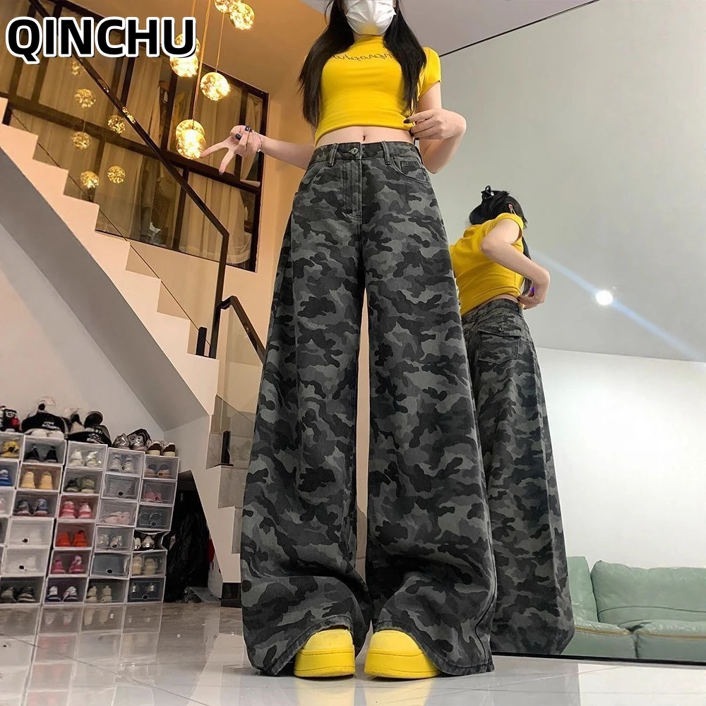 QINCHU Camouflage Retro Denim High Street Tooling Wide-leg Pants Women's New High-waisted and Thin Straight Floor-mopping Pants