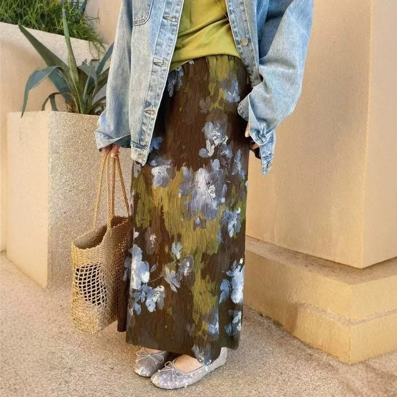 Vintage Abstract Floral Print Pleated Midi Skirt High Waist Crinkle Chiffon Skirt Watercolor Flower Print Women Artistic Outfits