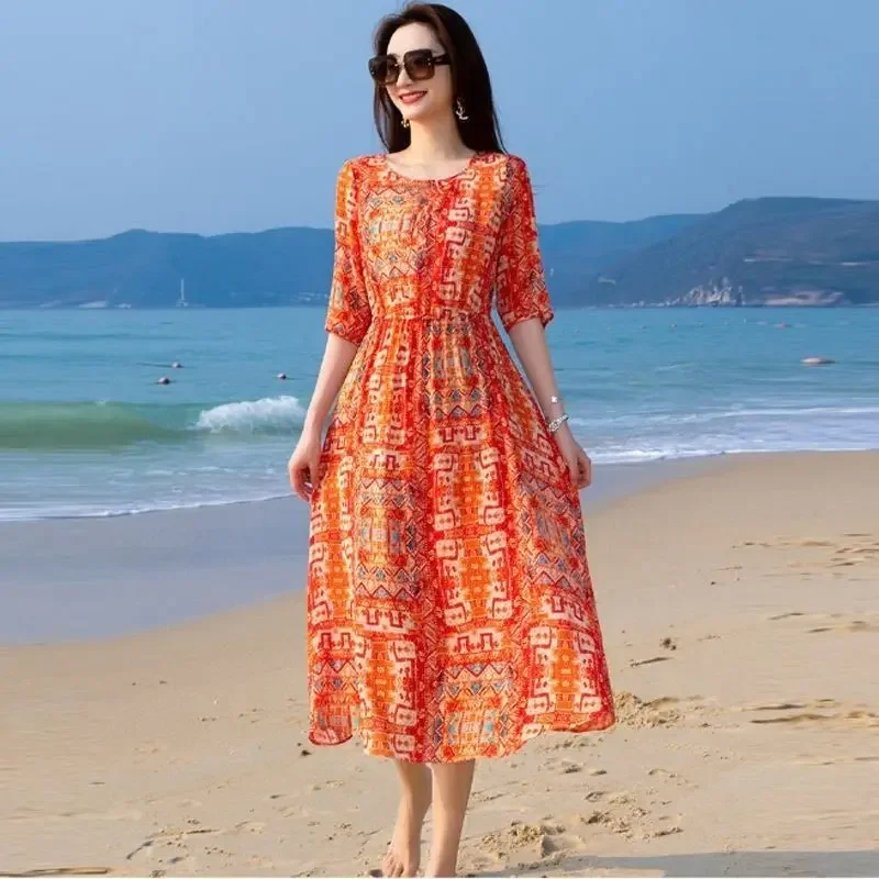 

Summer New Floral Viscose Fiber Dress Women's Large Irregular Fashion Woman Dress Vestido De Mujer Femme Robe