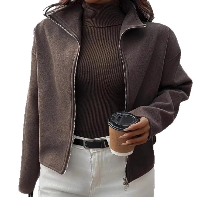 2025 Autumn and Winter Street Wind Ladies' Fashion Casual Jacket Simple Solid Color Woolen Jacket