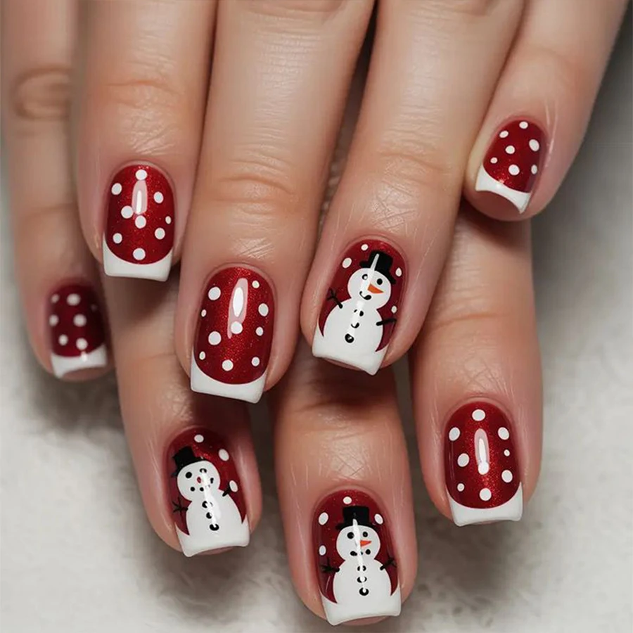 24-Piece Christmas Snowman Polka Dot Press-On Nails, Burgundy French Short Square Fake Nails, Removable Jelly Glue Nail Stickers, Complete Set with Nail File