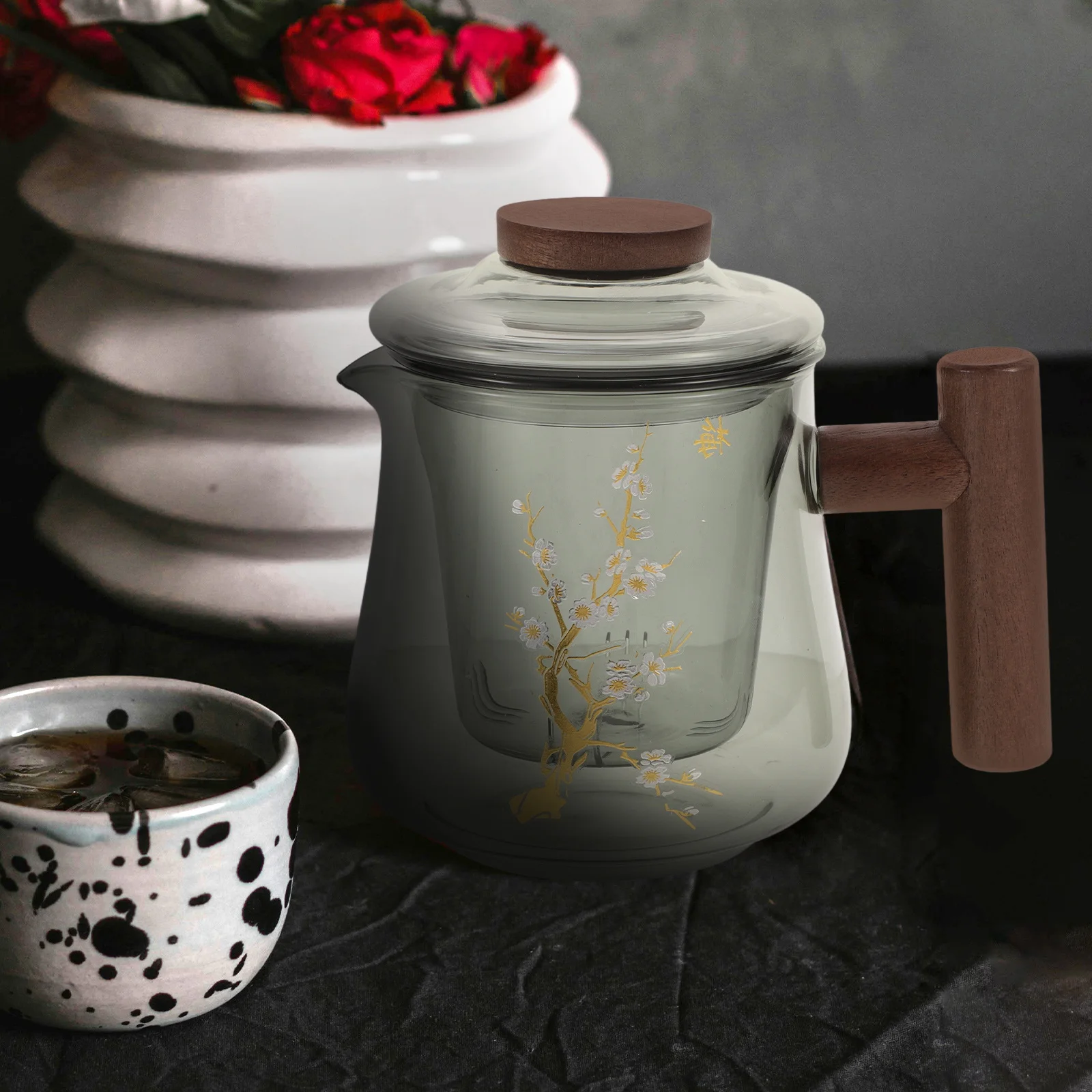 

Borosilicate Glass Teapot Cup Set Wood Handle Lid Retain Heat Tea Infuser Pot for Home Office Brewing Loose Tea Stove Top Kettle