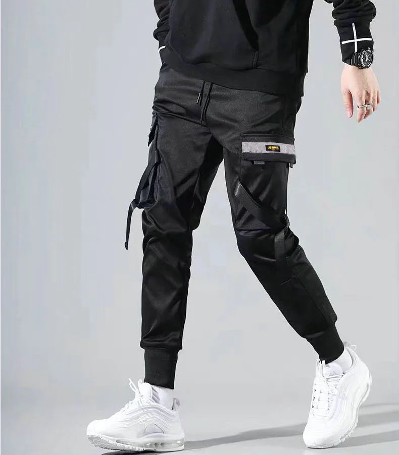 Pantalon Cargo en Coton avec Rubans pour Homme, Streetwear Décontracté, Harajuku, Mode Slim Fit, Jogging Noir, Printemps 2023