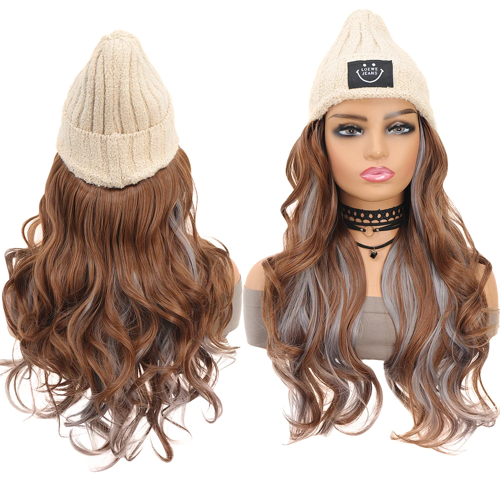 Synthetic Hat Wig Beanies Hat With Hair Wigs For Women Long Wavy Hair Warm Soft Ski Knitted Autumn Winter Cap Heat Resistant