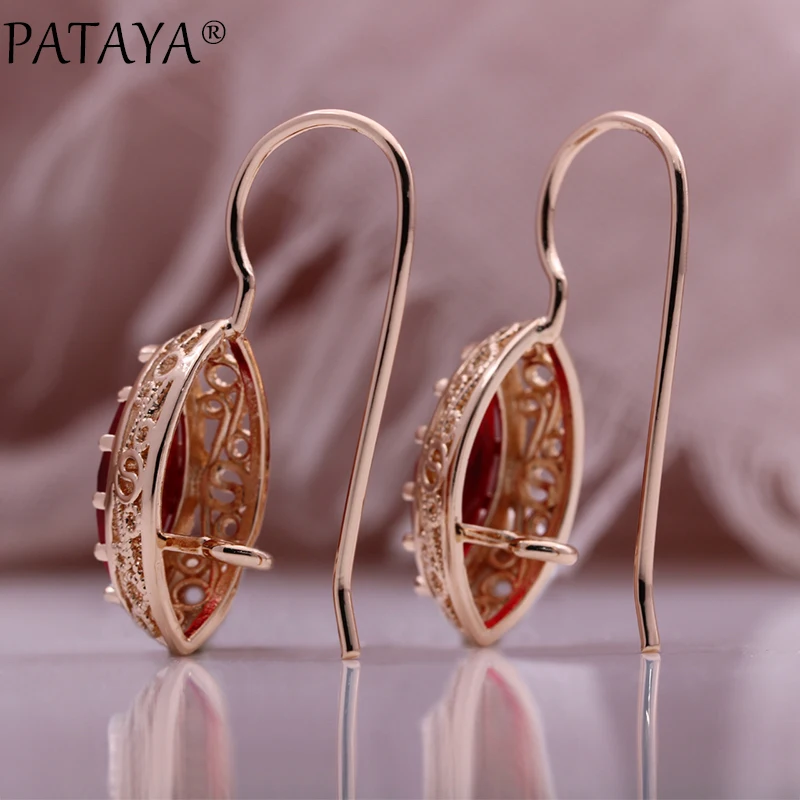 PATAYA New Red Horse Eye Natural Zircon Drop Earrings Trend Fashion Jewelry For Women 585 Rose Gold Color Unique Hollow Earrings