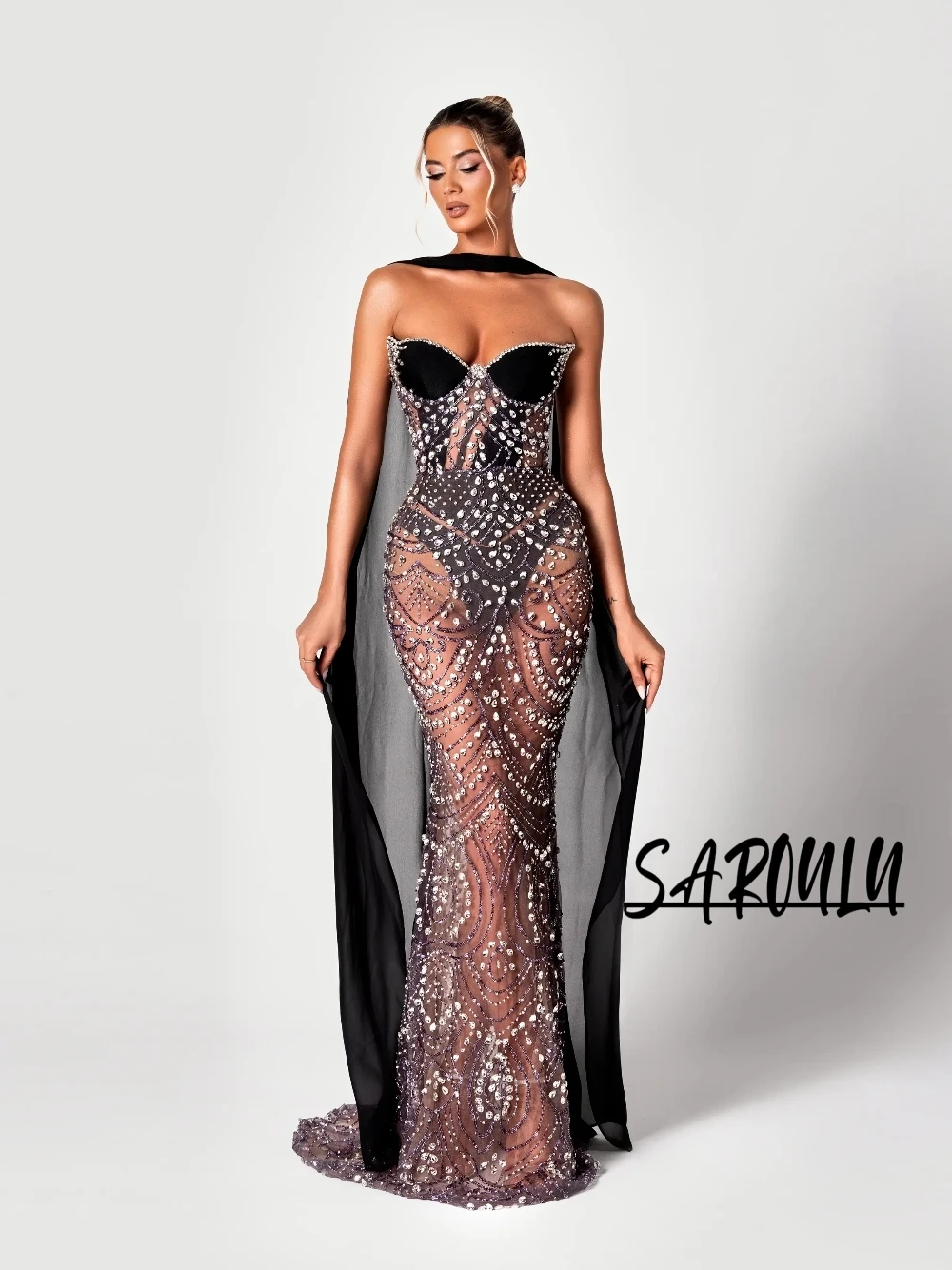 

Statement Crystals See Through Evening Dress With Scarf Exquisite Mermaid Corset Cocktail Gown Customized Chic Prom Wear