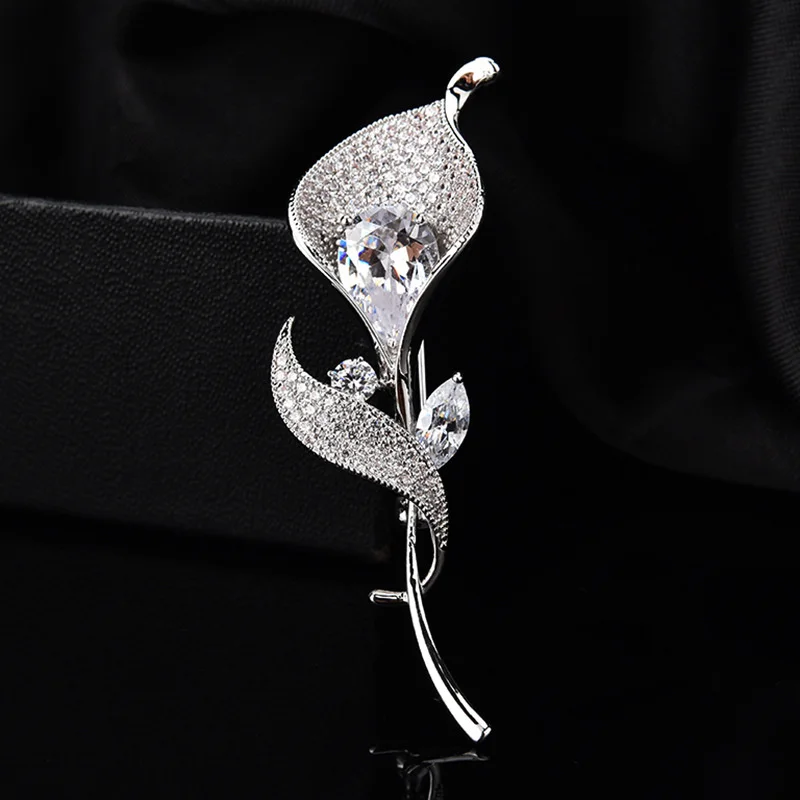 Crystal Flower Brooches for Woman Trendy Silver Plated Tulip Brooch Lapel Pins Elegant Corsage Dress Luxury Zircon Jewelry Gift