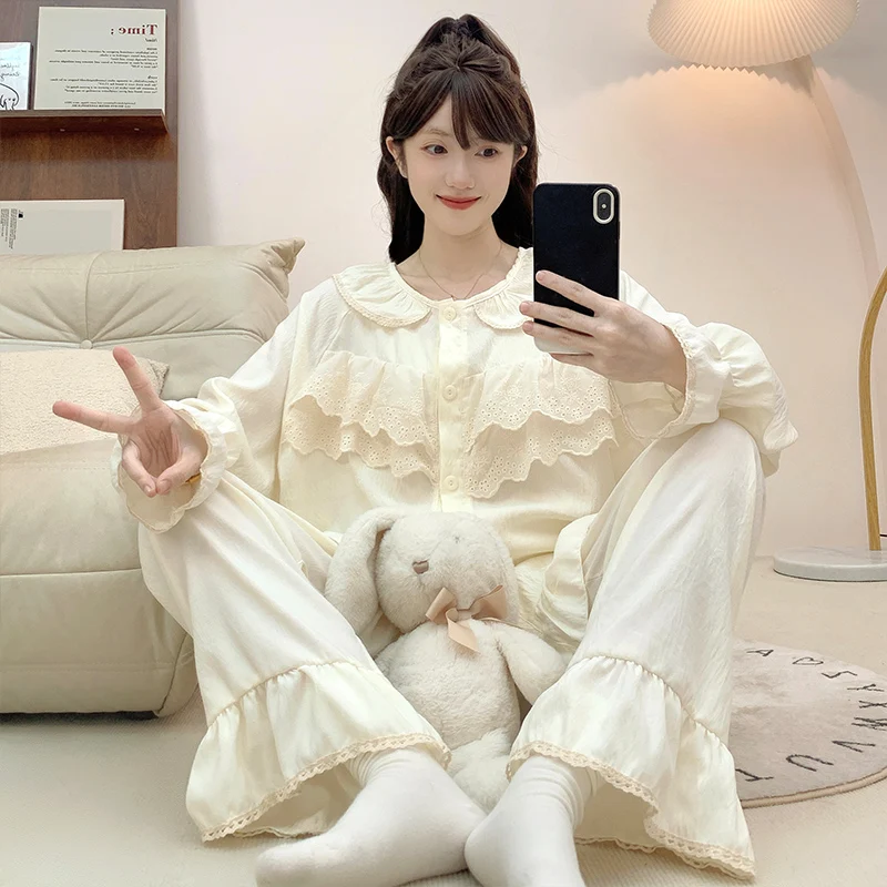 

Large-size pajamas women's spring and autumn solid color lace simple cardigan doll collar long-sleeved trousers homewear set