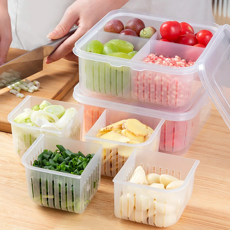 Refrigerator Storage Box 4/6 Grid Food Vegetable Fruit Storage Box Fridge Organizer Drain Basket Meat Onion Ginger Clear Crisper