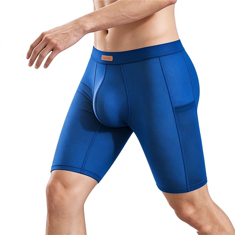 Mens Sport Long Boxer Briefs Ice Silk Mesh Breathable Summer Anti Chafing Underwear Side Pockets