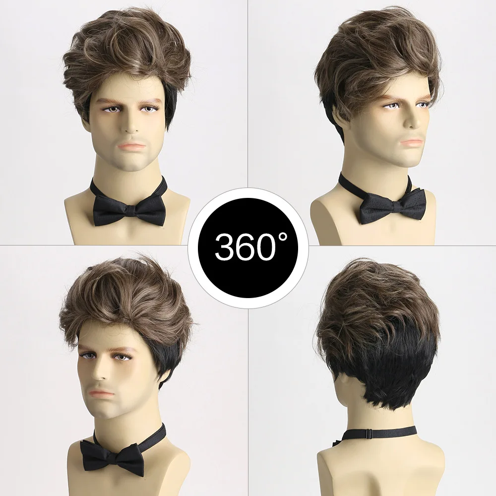 باروكات صناعية قصيرة بنية مختلطة للرجال، شعر مستعار منفوش بطبقات، شعر مستعار كوسبلاي يومي، شعر مستعار بقص عابث، مقاوم للحرارة