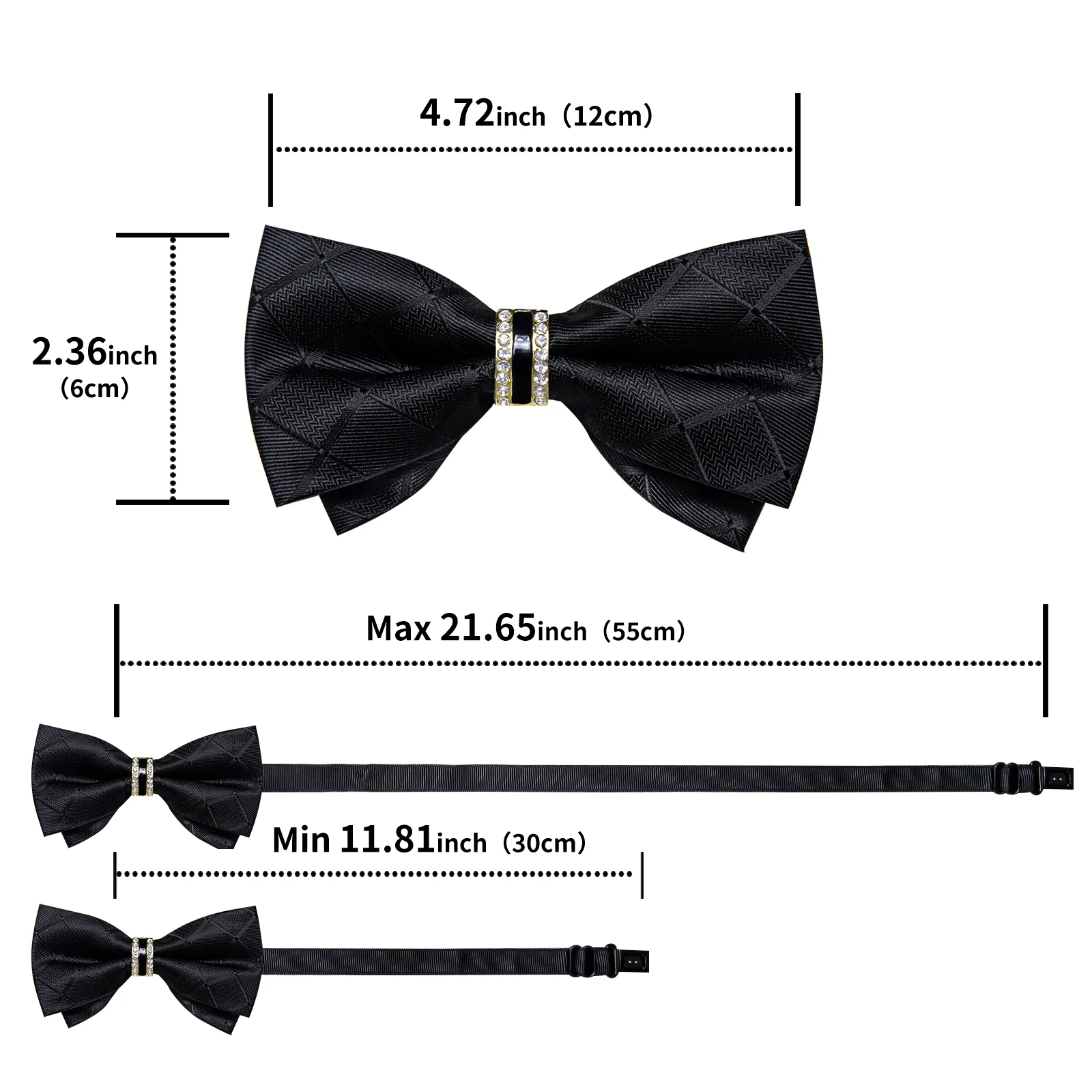 Solid Black Pre-tied Bowtie with Diamond Half Ring Decor Fashion Pocket Square Cufflinks Set Business Party Men\'s Luxury Bow Tie