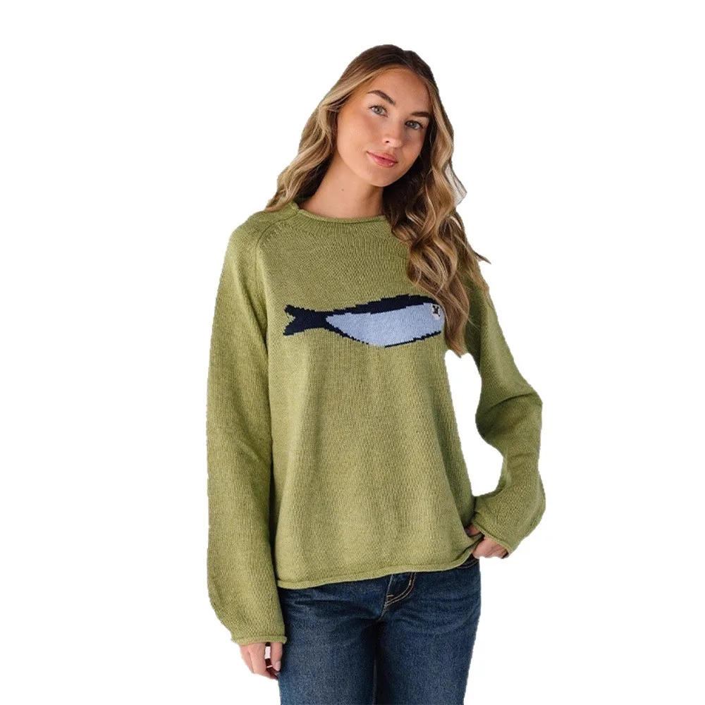 Roll Edge Crew Neck Fish Jacquard Knit Pullover Raglan Long Lantern Sleeve Loose Green Casual Sweater Top Valentine Gift 260602 view 6