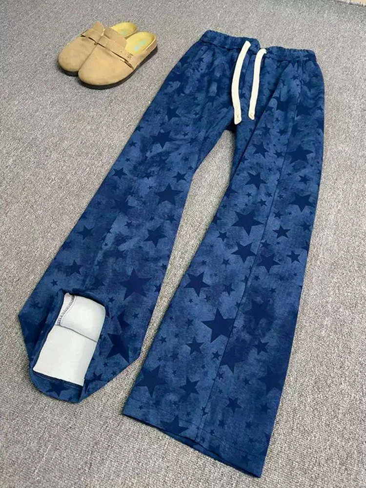 Celana Olahraga Pria k Blue Tie Dye Star Bend Knife, Gaya Retro Amerika, Bahan Tebal, Model Lurus, Kasual, untuk Musim Gugur