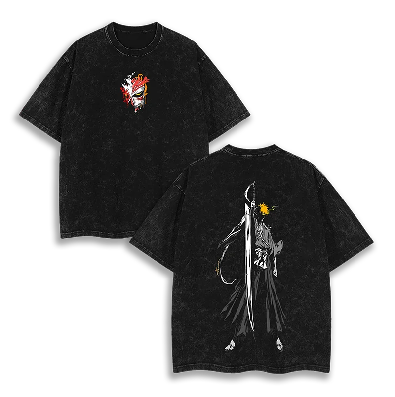 غسلها المتضخم التبييض أنيمي الجرافيك تي شيرت النساء الرجال Ichigo Kurosaki بانكاي الجوف تي شيرت مبيض الإناث الذكور الملابس تيز