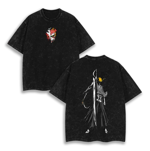Imagen 2 del producto Camiseta con gráfico de Anime de lejía de gran tamaño lavada para hombre y mujer, camiseta de lejía hueca Ichigo Kurosaki Bankai, ropa para hombre y mujer