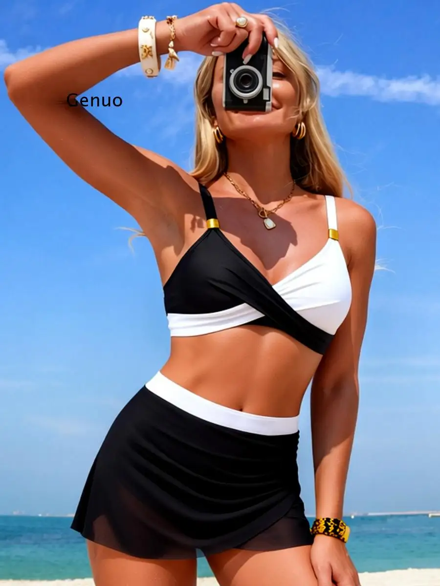 

Push Up Color Block Wrap Bikini Set with Skirt Cover Up, Tummy Control Two Piece Swimsuit with Skirt