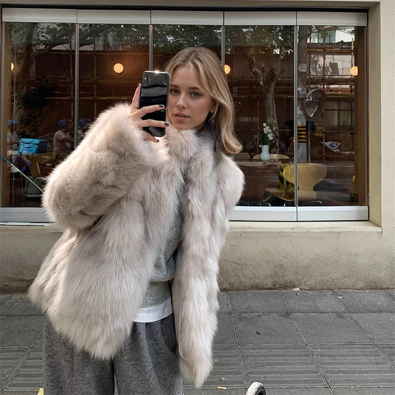 모조 여우털 코트 여성용 스탠드 칼라 짧은 털 재킷 추위 방한 루즈핏 여성 코트 긴 소매 포켓 아우터 탑스 트렌디