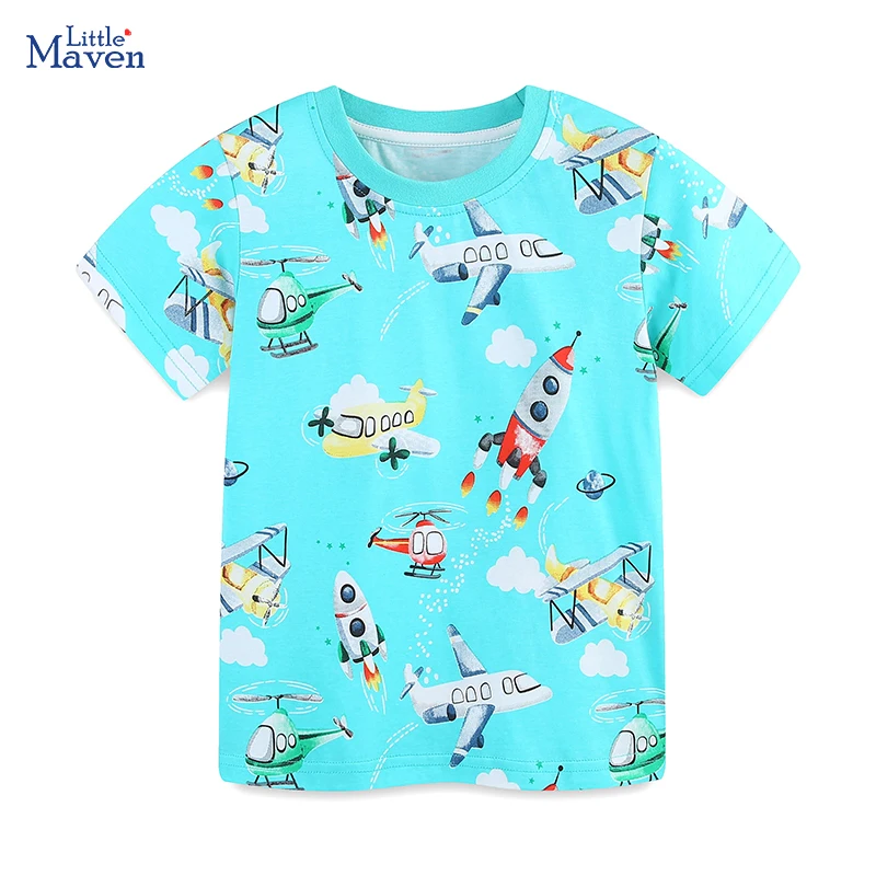 Little maven Baby Boys 2025 Summer New Kids Clothes T Shirts Holiday Children's Clothing Cartoon Rockets Planes Shirts 2-7 Years