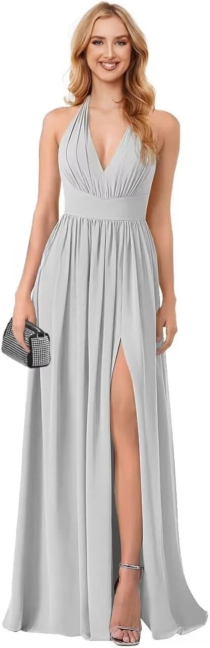 Vestidos de dama de honor de gasa con cuello Halter para mujer, vestidos formales largos plisados con hendidura, vestido de fiesta de noche, vestido Formal elegante para mujer