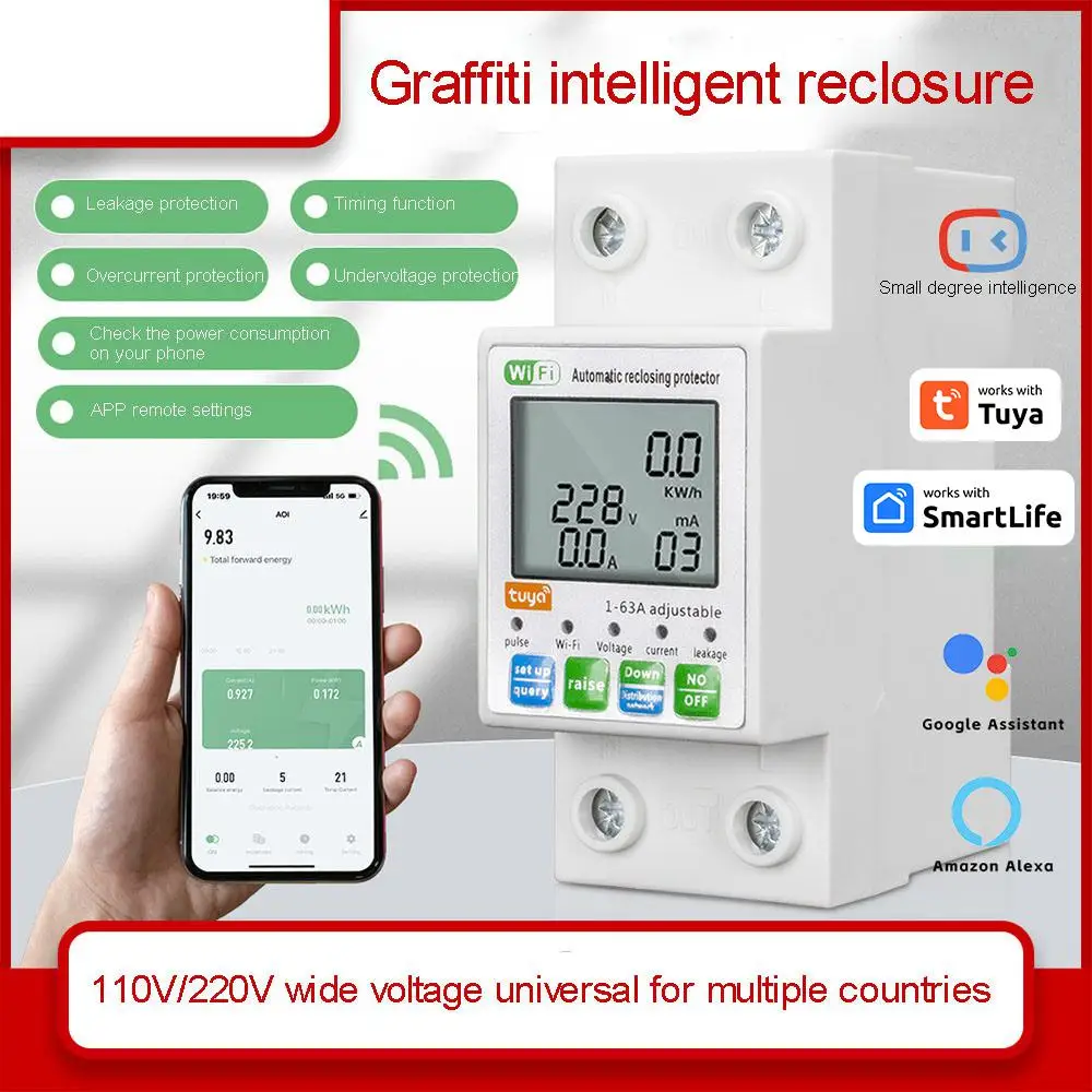 2P 63A TUYA APP WiFi Smart Circuit Earth Leakage Over Under Voltage Protector Relay Device Switch Breaker Energy Power KW