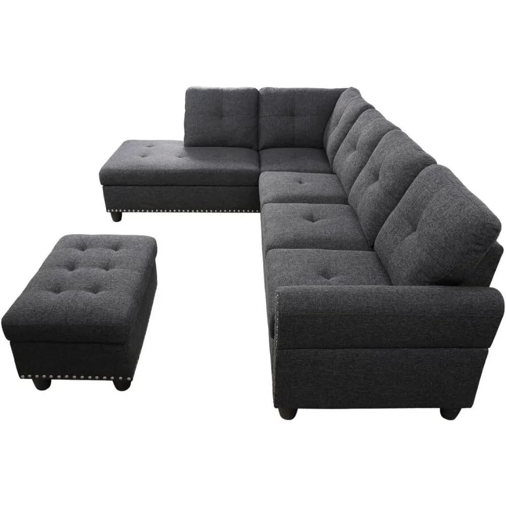 Simplicity Sectional Sofa with Ottoman, Livingroom Set, Left Facing Chaise, 2 Cup Holders, 2 Throw Pillows, Tufted Back and Seat