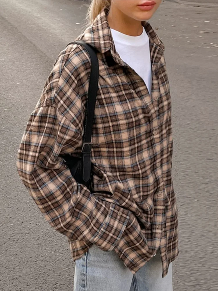 Camisas xadrez vintage moda feminina manga longa único breasted camisa solta feminina 2025 nova primavera outono casual clássicos blusa