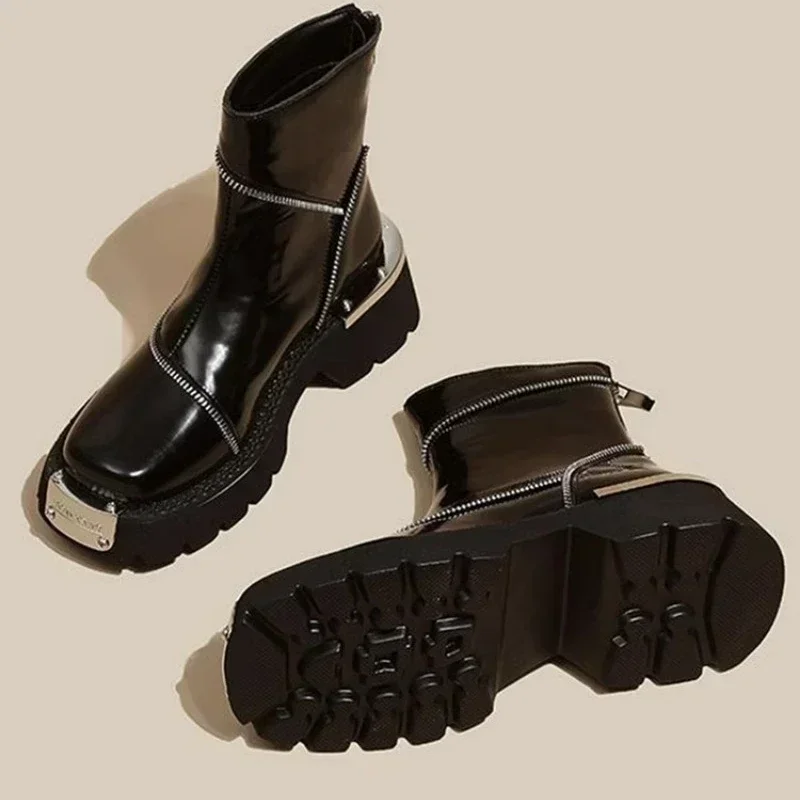 Bota de tornozelo com zíper para mulheres, dedo do pé redondo, monocromática, quente, cano curto, salto médio, impermeável, sapatos femininos, inverno, novo, 2022